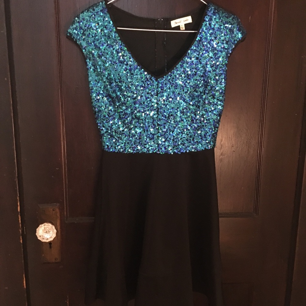 Blue and black sequin fit-and-flare dress